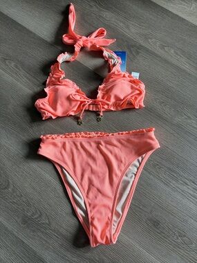 NWT Cupshe Coral Orange Ruffle Bikini Set